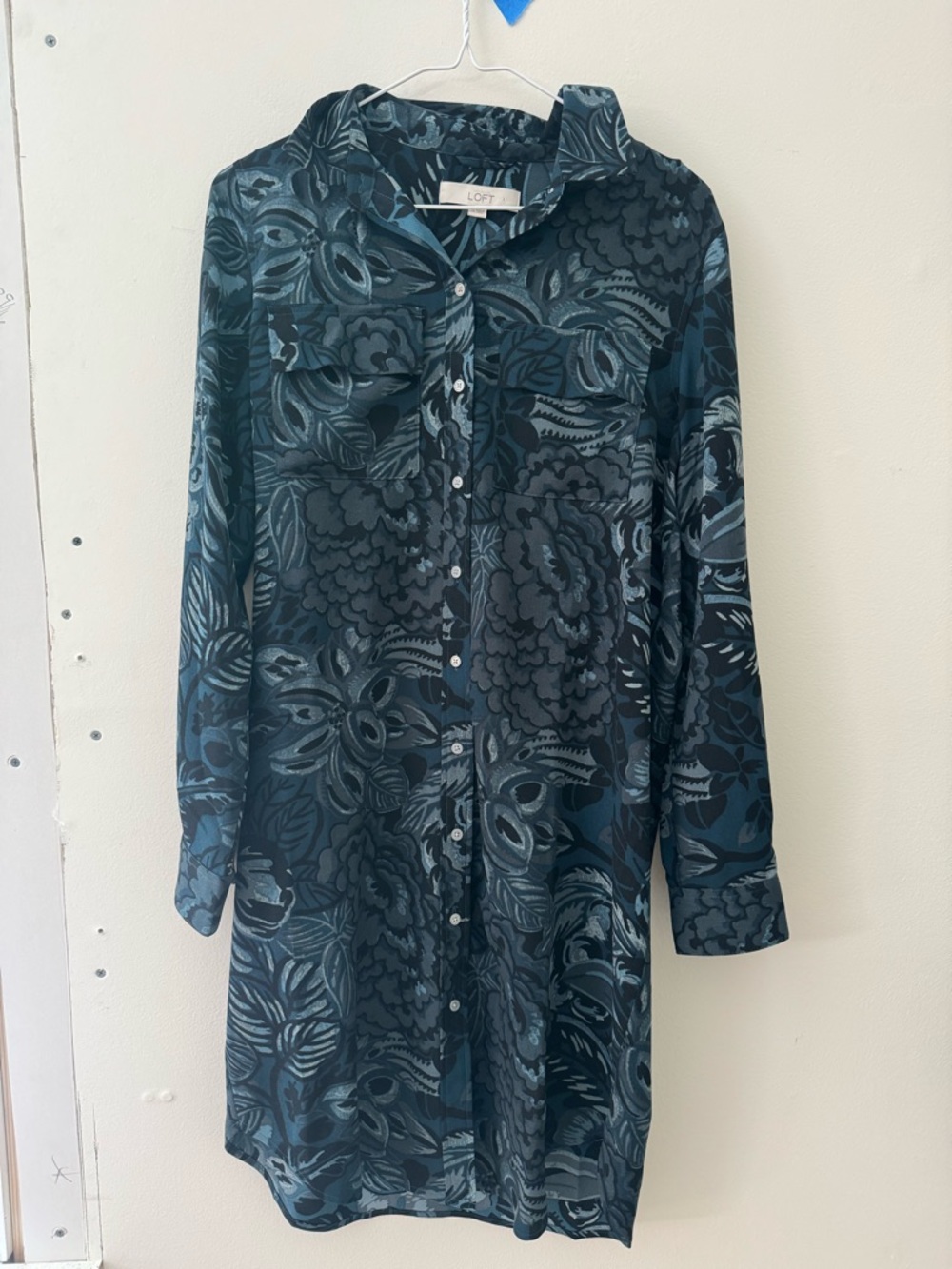 LOFT Teal & Navy Floral Button-Up Dress